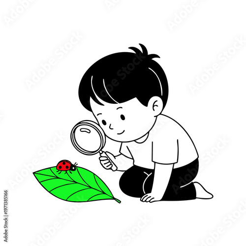 Little boy exploring nature with magnifying glass and ladybug vector