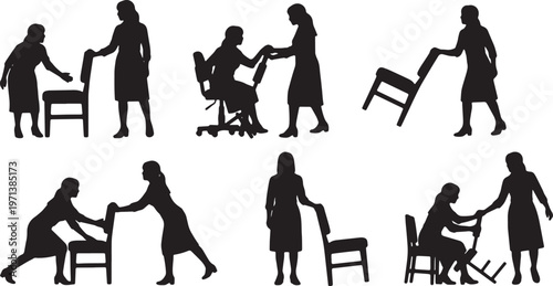 Black Solid Female Directors Pulling Chair Silhouettes Set of Six on White Background