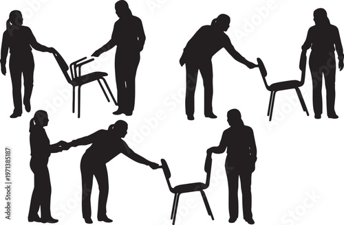 Black Solid Female Directors Pulling Chair Silhouettes Set of Six on White Background