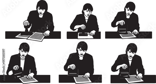 Black Solid Female Directors Stamping Document Silhouettes Set of Six on White Background