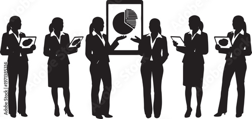 Black Solid Female Executives Pie Chart Silhouettes Set of Six on White Background