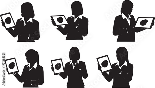 Black Solid Female Executives Pie Chart Silhouettes Set of Six on White Background