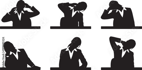 Black Solid Female Executives Stretching Neck Silhouettes Set of Six on White Background