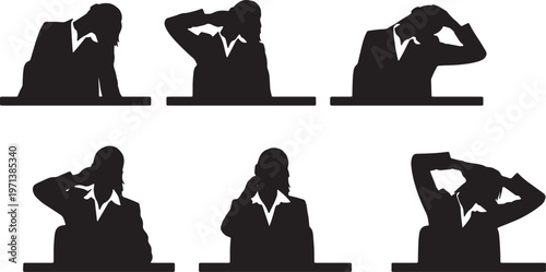 Black Solid Female Executives Stretching Neck Silhouettes Set of Six on White Background
