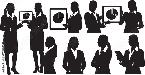 Black Solid Female Executives Pie Chart Silhouettes Set of Six on White Background
