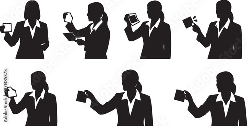 Black Solid Female Executives Tearing Sticky Note Silhouettes Set of Six on White Background