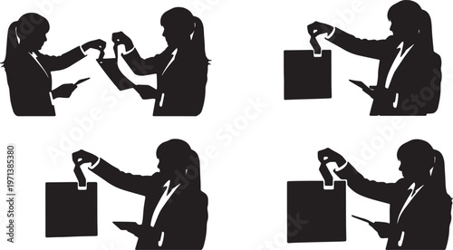 Black Solid Female Executives Tearing Sticky Note Silhouettes Set of Six on White Background