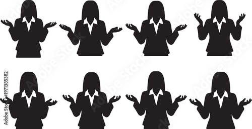 Black Solid Female Executives Exasperation Silhouettes Set of Six on White Background