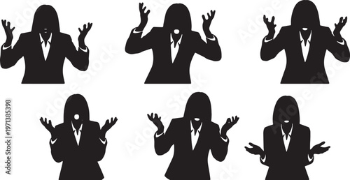 Black Solid Female Executives Exasperation Silhouettes Set of Six on White Background
