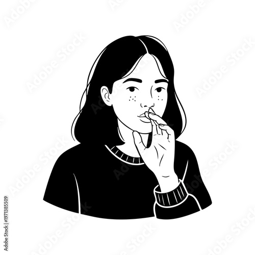 Young woman sharing a secret black and white line art illustration
