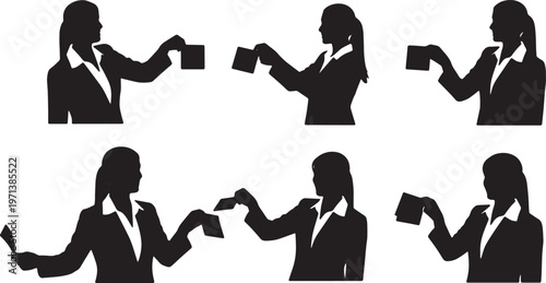 Black Solid Female Executives Tearing Sticky Note Silhouettes Set of Six on White Background