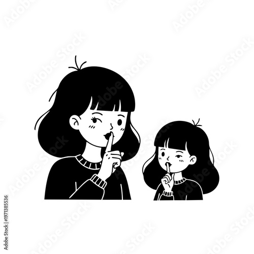 Woman and Little Girl Making Shh Gesture for Secret Silence