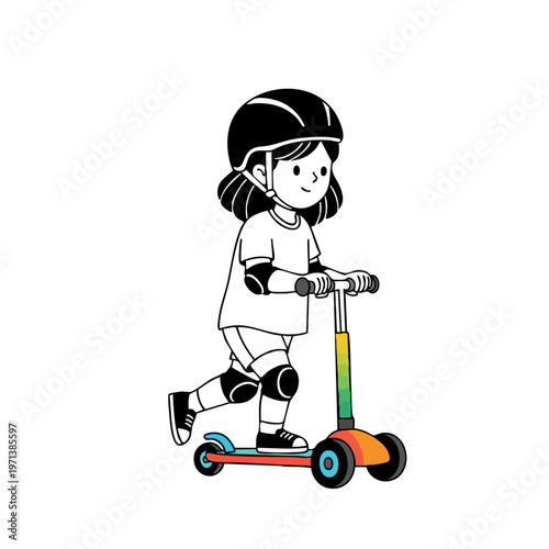 Happy girl riding a colorful kick scooter wearing a safety helmet