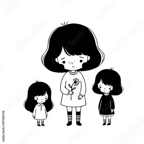 Sad Girl Holding a Flower with Two Somber Younger Girls Vector