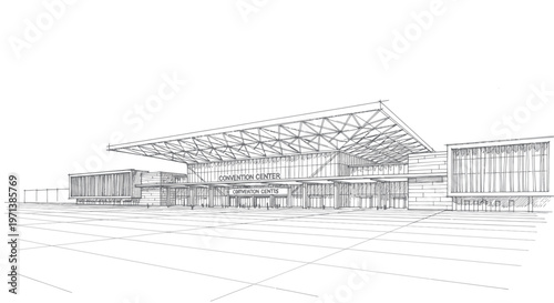 Architectural sketch of a modern convention center building.