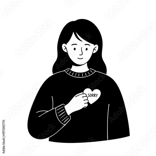 Young girl holding a heart with sorry text vector illustration
