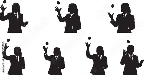 Black Solid Female Team Leaders Tossing Coin Silhouettes Set of Six on White Background