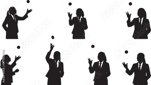 Black Solid Female Team Leaders Tossing Coin Silhouettes Set of Six on White Background