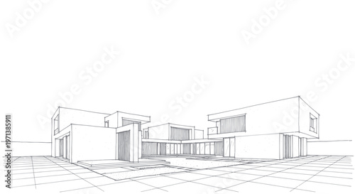 Architectural sketch of a modern house design with clean lines and multiple levels.