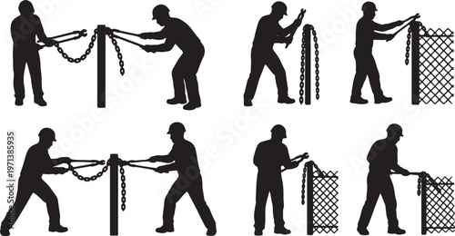 Black Solid Fence Repairman Long Bolt Cutter Role Silhouettes Set of Six on White Background