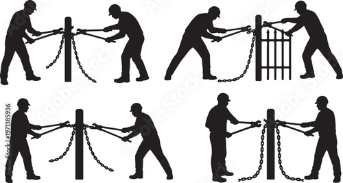 Black Solid Fence Repairman Long Bolt Cutter Role Silhouettes Set of Six on White Background