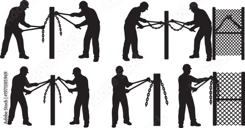 Black Solid Fence Repairman Long Bolt Cutter Role Silhouettes Set of Six on White Background