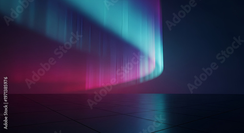 Abstract luminous aurora borealis effect with glowing neon light streaks, cool blue and vibrant magenta in a dark, moody room with projected patterns on the floor, atmospheric and futuristic