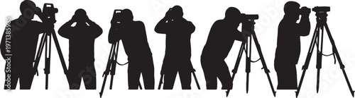 Black Solid Field Topographer Optical Theodolite Role Silhouettes Set of Six on White Background