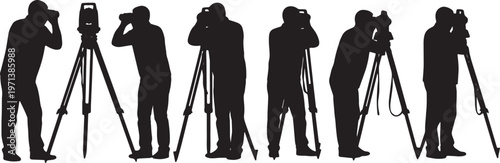 Black Solid Field Topographer Optical Theodolite Role Silhouettes Set of Six on White Background