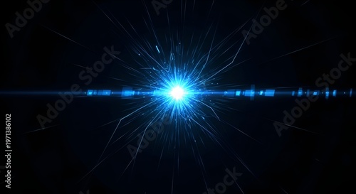 Abstract Blue Light Explosion Bursting From Center, Sci-Fi Energy Starburst Background