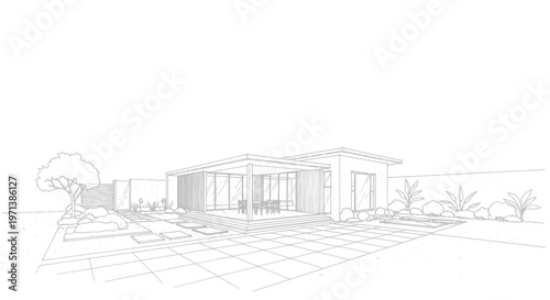 Architectural sketch of a modern house with a spacious patio area.