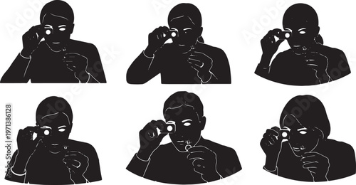 Black Solid Fine Jewelry Appraiser Eye Loupe Role Silhouettes Set of Six on White Background