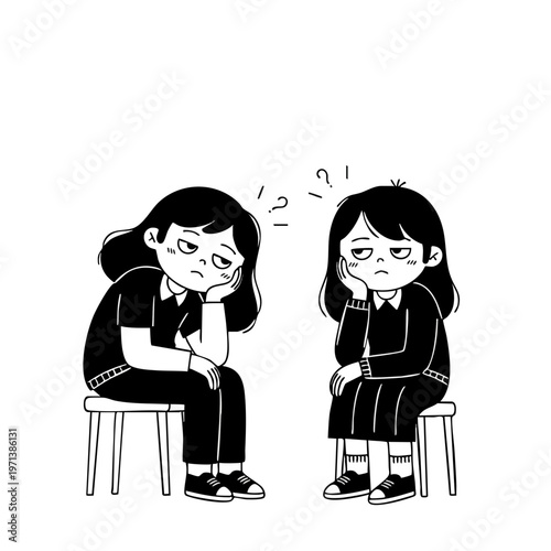 Two Bored Girls Sitting and Looking Tired Illustration