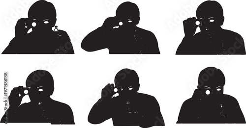Black Solid Fine Jewelry Appraiser Eye Loupe Role Silhouettes Set of Six on White Background