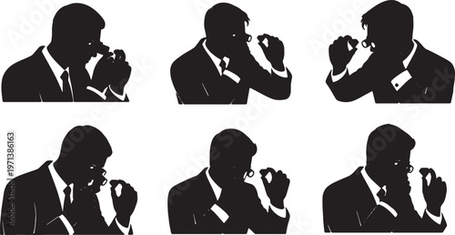 Black Solid Fine Jewelry Appraiser Eye Loupe Role Silhouettes Set of Six on White Background