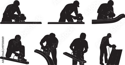Black Solid Finish Carpenter Electric Router Role Silhouettes Set of Six on White Background