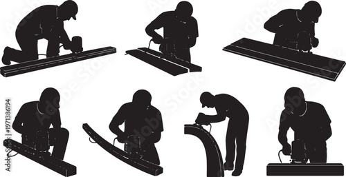 Black Solid Finish Carpenter Electric Router Role Silhouettes Set of Six on White Background