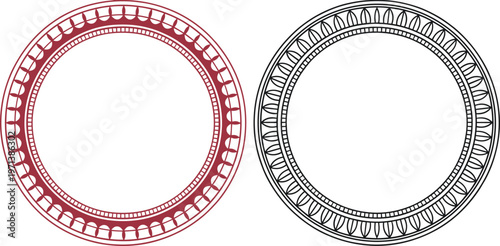 Classic circular frame set with geometric patterns, red and black vintage round border vector for luxury labels, official seal, decoration.
