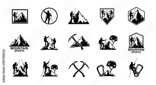 Collection of black and white mountain sports icons featuring hikers climbers pickaxes and mountain symbols for adventure and outdoor activities