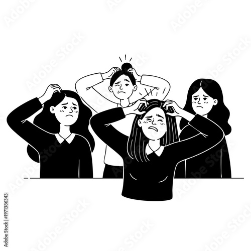 Distressed Women Scratching Heads with Disgusted Facial Expressions