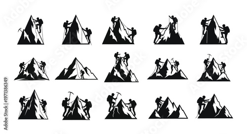 Silhouettes of hikers climbing steep mountain peaks in stylized black and white illustrations showcasing adventure exploration and outdoor activities with minimalist design