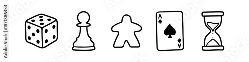 Hand-drawn set of board game icons featuring a dice, chess pawn, meeple, ace of spades, and hourglass. Minimalist black and white doodle style perfect for gaming and hobby-themed projects.