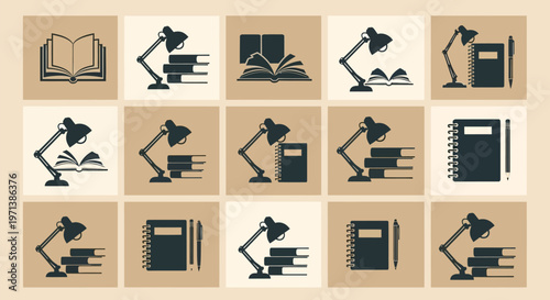 Minimalist flat design icons of desk lamps illuminating books journals and notepads symbolizing study work and creativity arranged in a grid with beige background