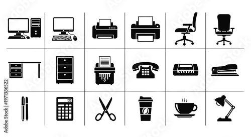 Black and white icons of office equipment including computers printers chairs phones calculators and stationery