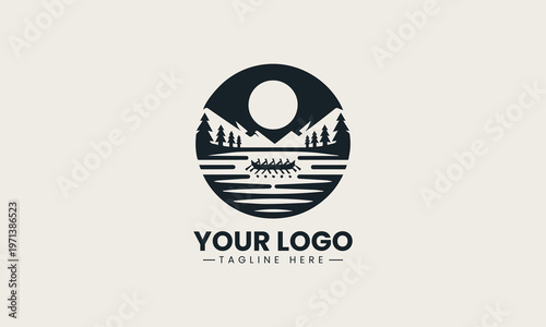 Rowing team in long boat traverses lake represents cooperative sportsmanship focused and disciplined