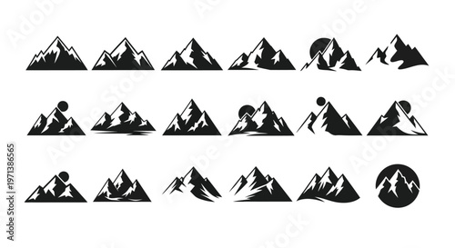 Black and white mountain icons with minimalist design depicting peaks climbers and adventure symbols in a clean modern style