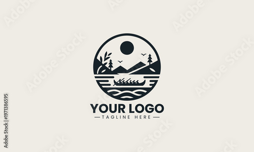 Rowing team in long boat traverses lake represents cooperative sportsmanship focused and disciplined