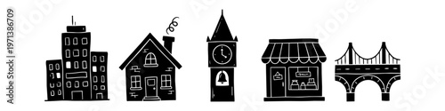 Hand-drawn black and white doodle icons of city architecture including skyscrapers, a cozy house, a clock tower, a storefront shop, and a bridge. Isolated on a white background.