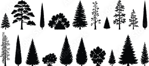 Collection of black tree silhouettes isolated on white background, assorted pine, cypress, fir and deciduous shapes for landscape design projects