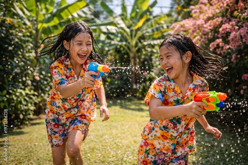 Two Thai girls in floral outfits playing water guns in garden